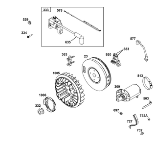 Flywheel, Ignition, And Starter Group Diagram and Parts List for 386447-3332-G1 200000 - 399999 Briggs and Stratton Engine